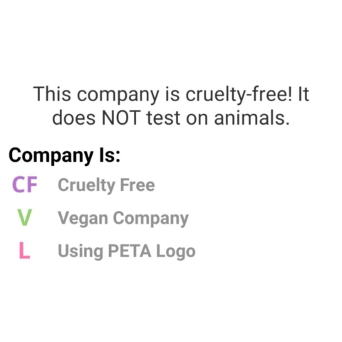 Empresa cruely-free! Não testa em animais. CF = Cruelty Free V = Vegan L = Using PETA logo = Usa o Logo da PETA